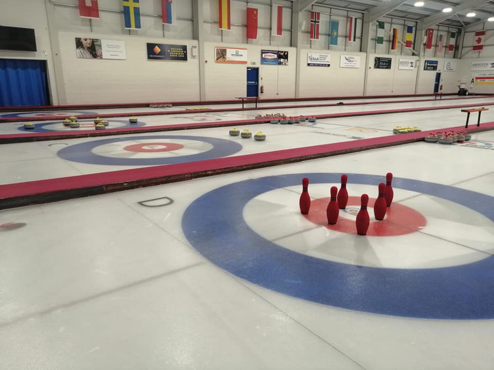 A view of the curling rinks all set up with stations for the kids to complete